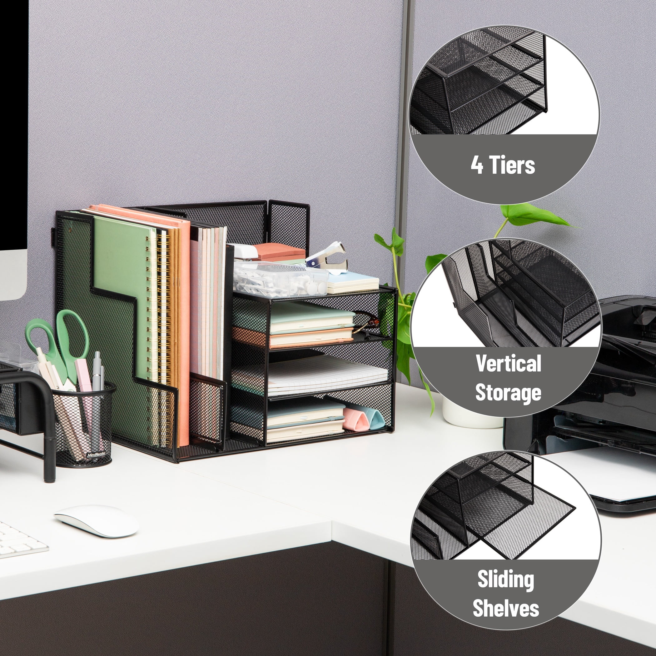 Mind Reader Metal Mesh Desk Organizer, 2 Vertical File Holders and 3 Tier Sliding Shelves, Foldable Desktop Storage, Office Organizer, Black