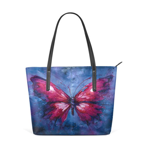 Tote Bag Aesthetic leather Handbags with Zipper for Women Travel Shoulder Bags Purses with compartment. Red Watercolor Painting Of A Butterfly