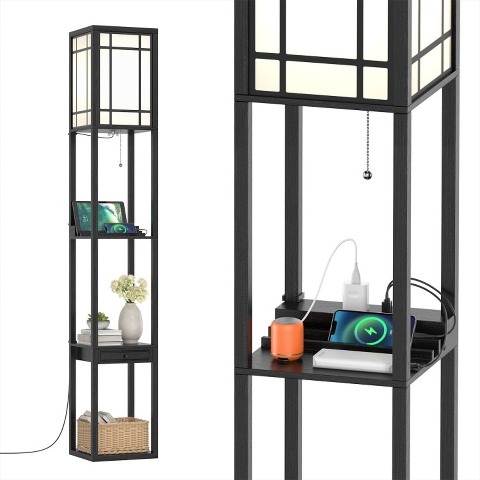Vebreda Modern Floor Lamp with Storage Shelves and Drawer with Pull Chain Switch for Living Room Bedroom-Black | Shelf Standing Lamp