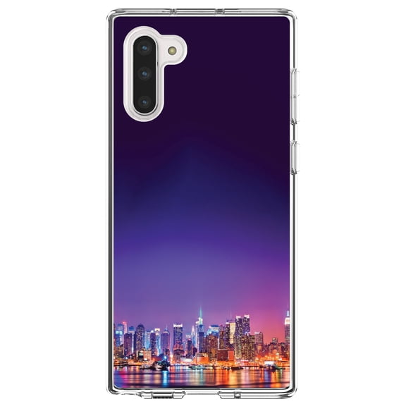 DistinctInk Clear Shockproof Hybrid Case for Samsung Galaxy Note 10 (6.3" Screen) - TPU Bumper, Acrylic Back, Tempered Glass Screen Protector - New York Skyline Night - The Big Apple