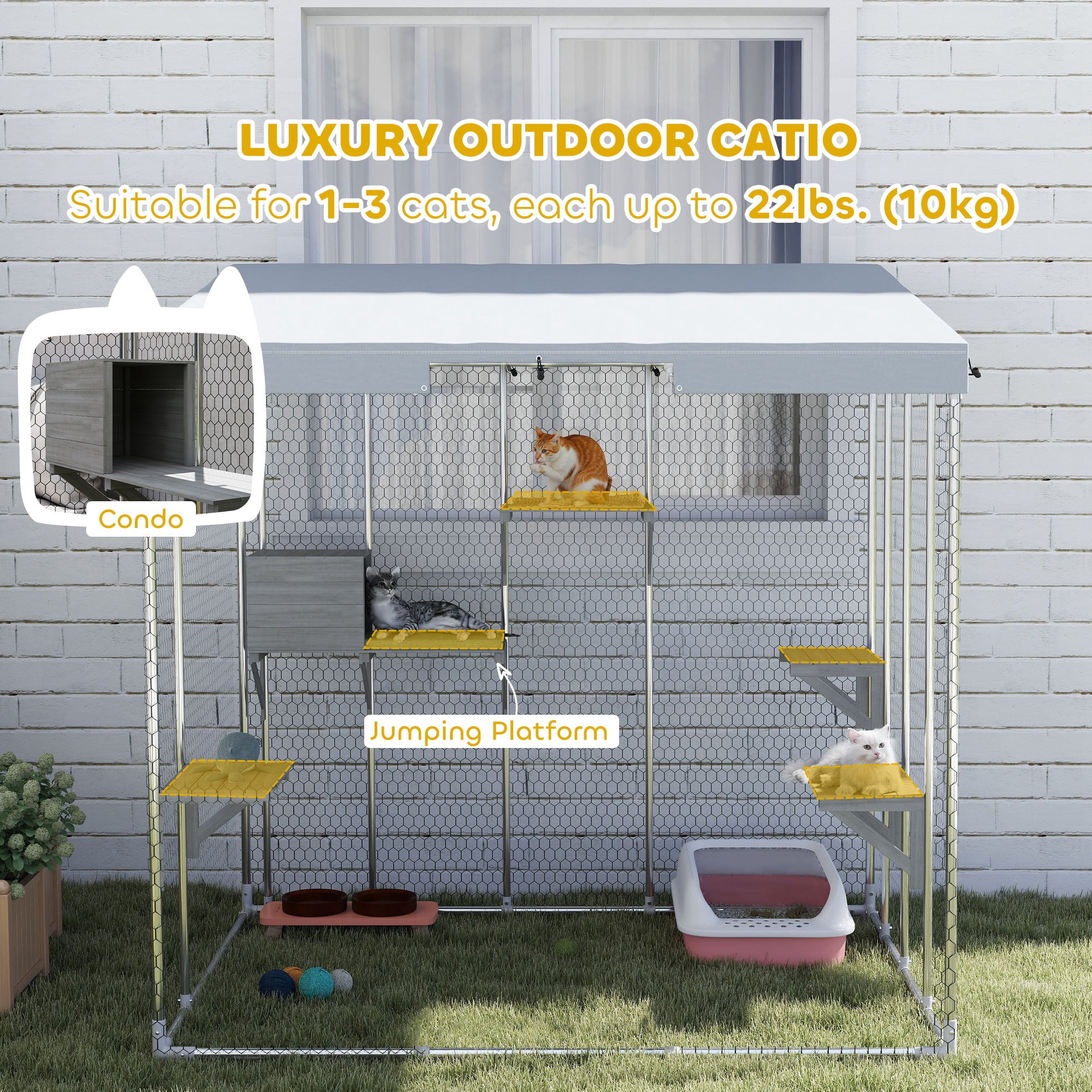 PawHut Large Catio Outdoor Cat Enclosure, Galvanized Steel Outdoor Cat House with 420D Waterproof Canopy for 1-3 Large Cat, Walk-in Cat Cage, Silver