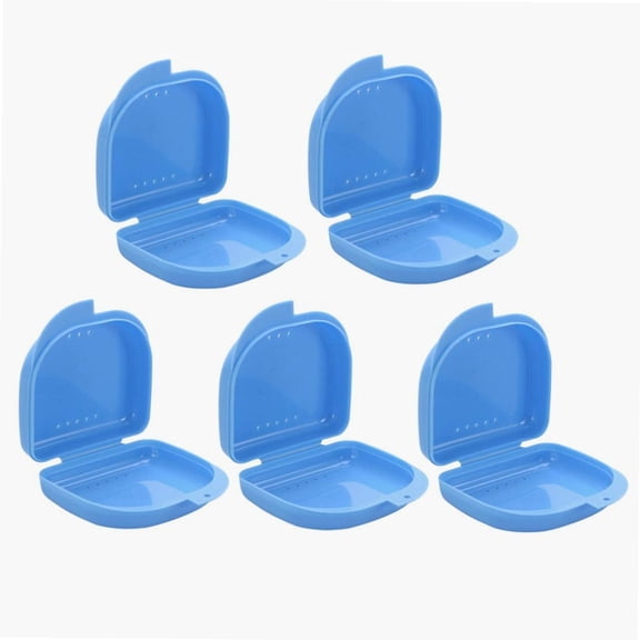 Retainer Case With Vent Holes 5 Packs - Denture Case, Case - Hinged Lid Snaps Orthodontic Dental Retainer for Braces, Dentures & Aligners (Blue)