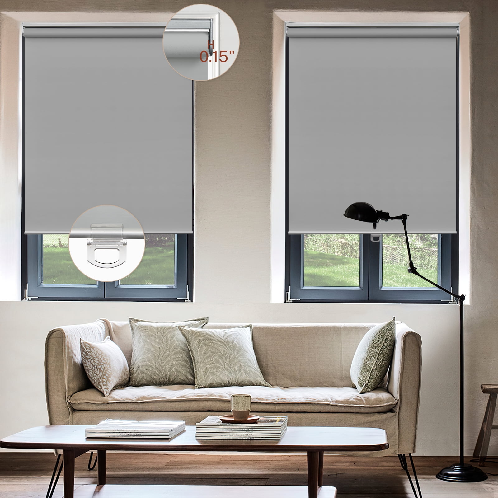 Keego Cordless Roller Blinds for Window 100% Blackout Privacy Bedroom Shade UV Protection Blinds for Office and Home, Light Gray, 34"W x 64"H