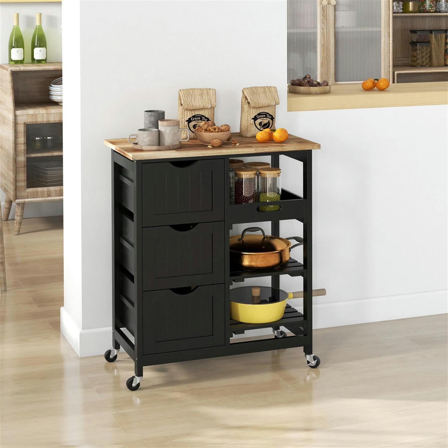 Demi Bonn 33" Kitchen Island Cart on Wheels with Storage, Rolling Dining Room Serving Utility Carts Mobile Movable with Wood Top and Drawer, Black