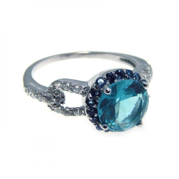 Rhodium Plated Sterling Silver 925 Blue Center Cluster Clear CZ Ring Jewelry Female Size 7