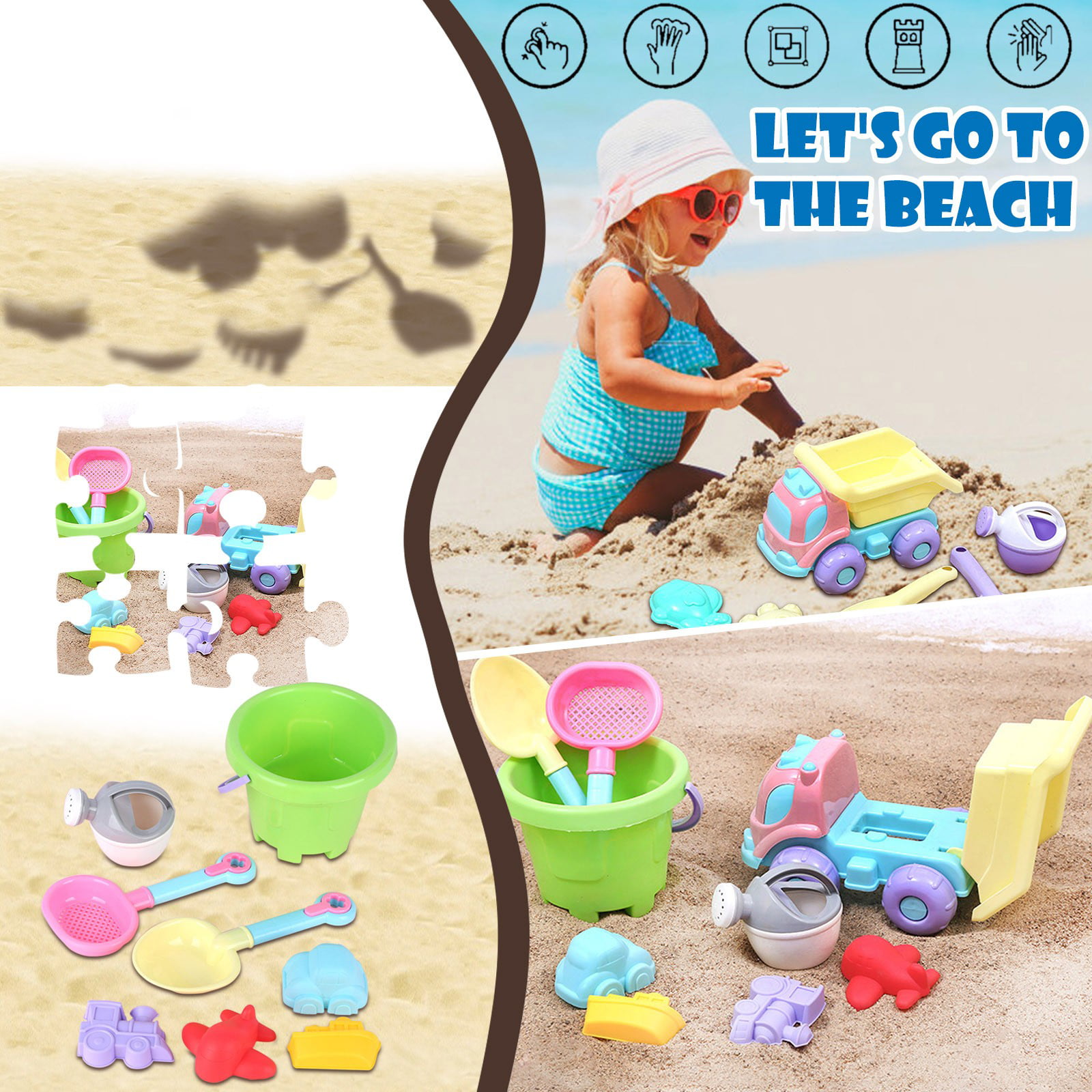 New 9Pcs Plastic/Resin Bucket Spade Water Children Kids Sand Beach-Playing Toys 