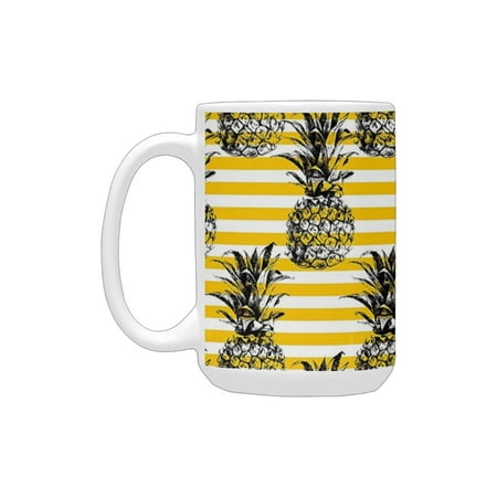 

Grunge Decor Retro Striped Background with Pineapple Figures Vintage Hippie Graphic es Black Earth Y Ceramic Mug (15 OZ) (Made In USA)
