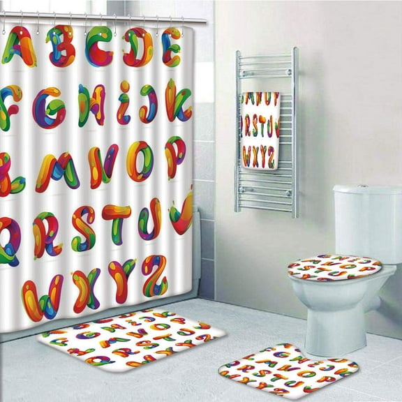 PRTAU Educational Artistic of Alphabet Letters Brushstrokes Paint Splashes Creative 5 Piece Bathroom Set Shower Curtain Bath Towel Bath Rug Contour Mat and Toilet Lid Cover