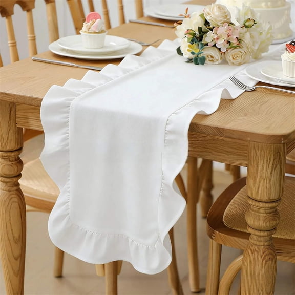 CaiYueKe White Ruffled Table Runner 72 inch Scalloped Table Runner Cotton Flounces Washable Shabby Farmhouse Rustic Home Kitchen Decoration for Wedding Rectangle Bride Shower Christmas Party