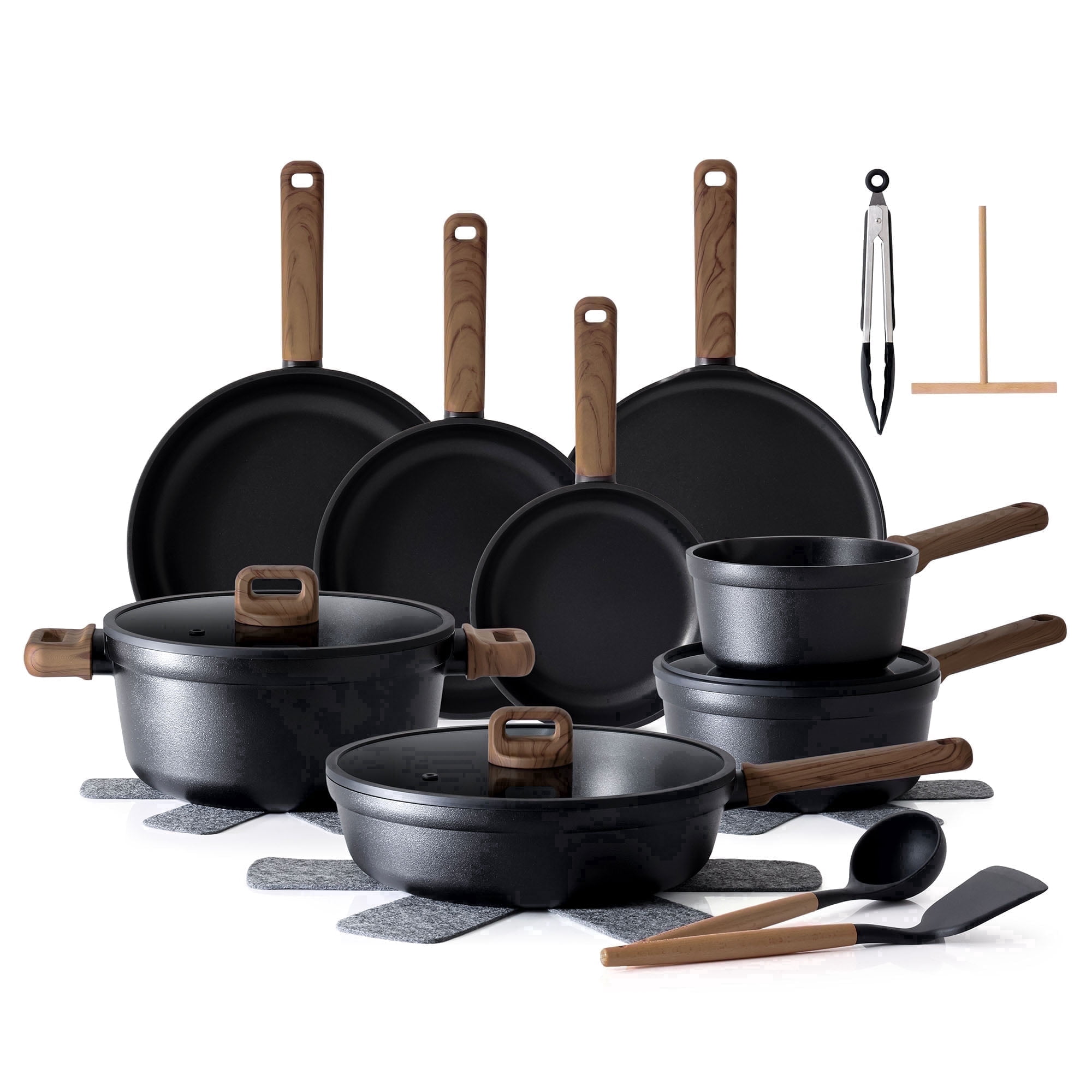 SENSARTE 24-Piece Nonstick Pots and Pans Set, Black Titanium Induction Cookware Set, Healthy Kitchen Cooking Sets with Stay-Cool Handles, Dishwasher & Oven Safe, Stackable