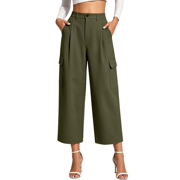 Women's High Waisted Cargo Pants Solid Color Loose With Pockets Casual Work Culotte Pants