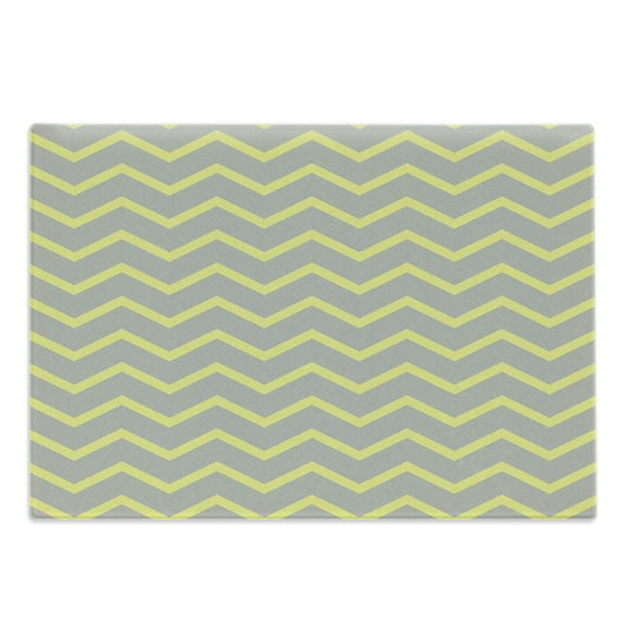 Grey and Yellow Cutting Board, Modern Geometrical Triangles Zig Zags Wavy Modern Image Print, Decorative Tempered Glass Cutting and Serving Board, Large Size, Pale Grey and Mustard, by Ambesonne