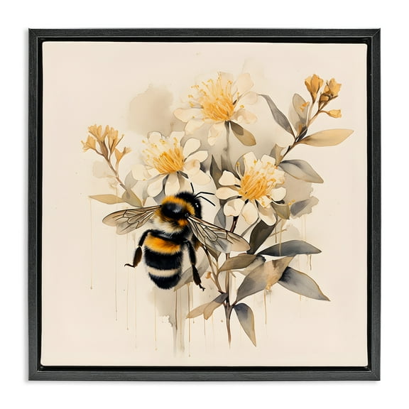 Stupell Industries Honeybee with Daisies Animals & Insects Painting Black Floater Framed Canvas Art Print Wall Art, 18 x 18