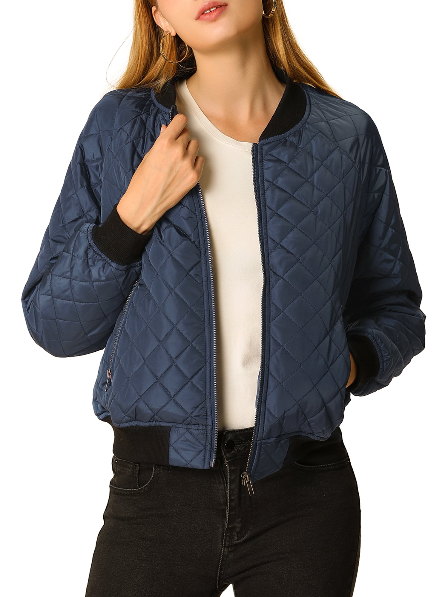 Unique Bargains Women's Quilted Zip Up Moto Raglan Sleeves Bomber ...