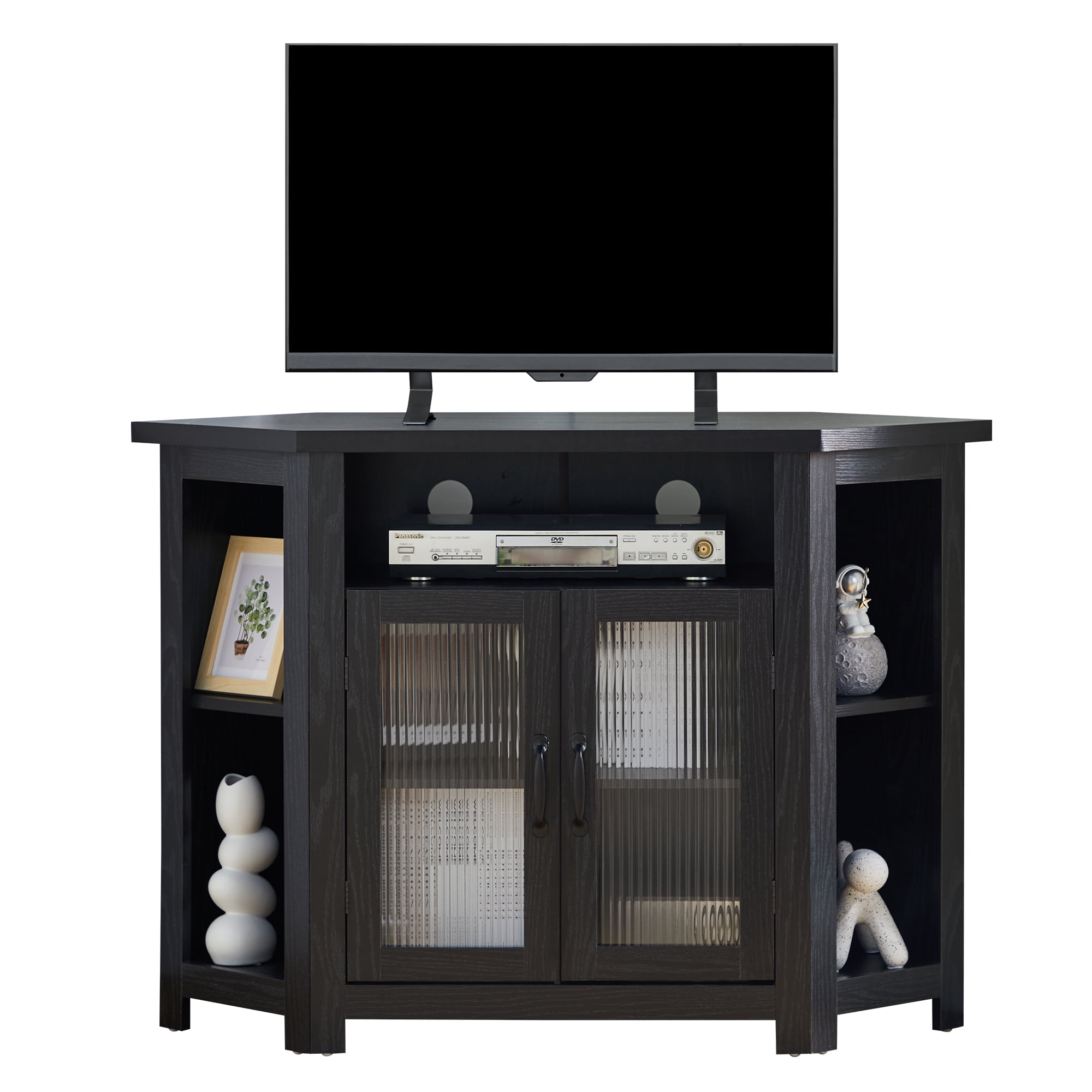 PHOYAL Farmhouse Corner TV Stand for TVs up to 48 Inchs with 2 Doors and Storage Shelves, Black