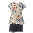 thumbnail image 2 of Little Girl 3 PCS Short Set Floral Top Tee Jean Pant Girl Kids Clothing Off White 4 (21JK40S), 2 of 2