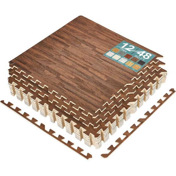 SSyao Wood Grain Floor Tiles Foam Mat EVA Interlocking Mats Tile 3/8-Inch Thick Flooring Wood Puzzle Exercise Mats w/Borders -12 Tiles (48 Sq ft)-Wood Grain - Dark