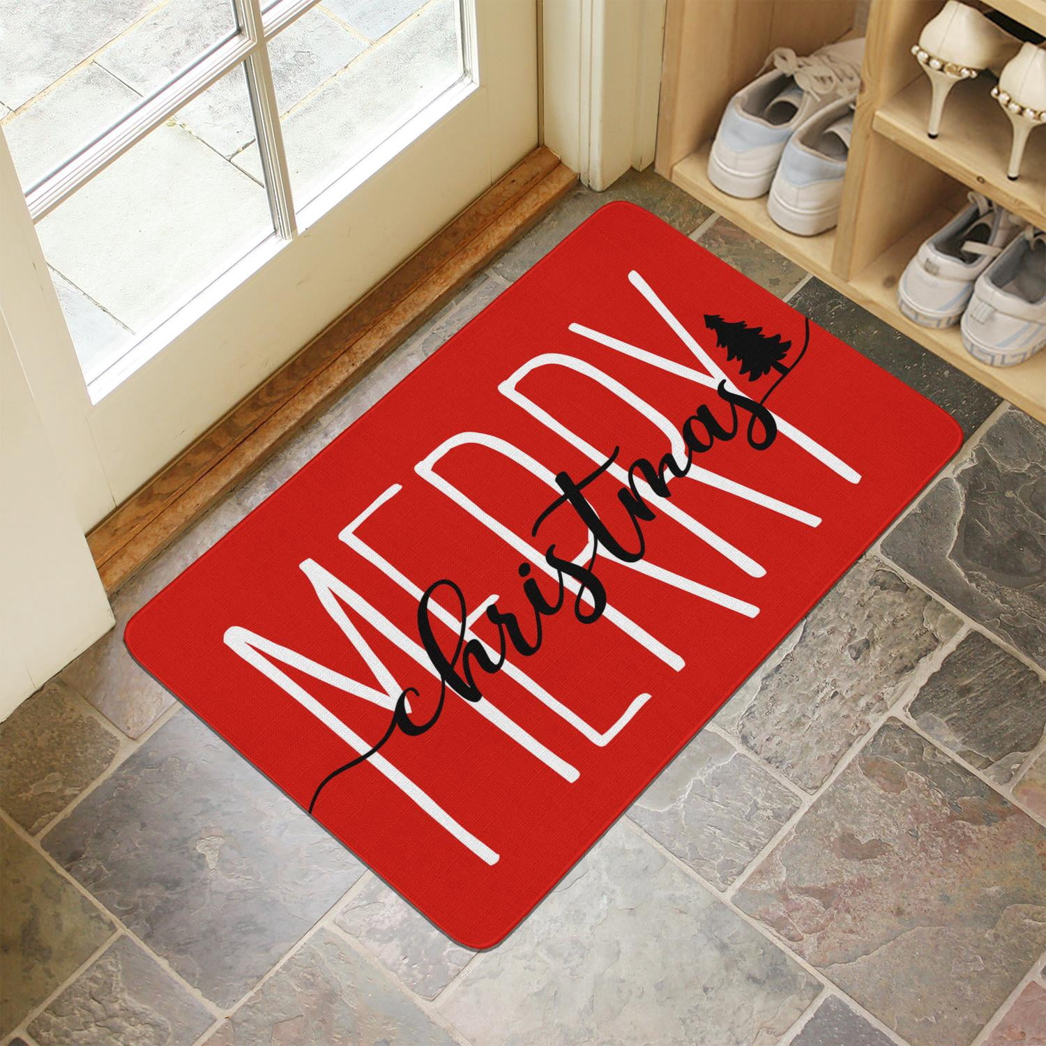 Merry Christmas Door Mat 30 X 17 Inch Christmas Red Doormat Indoor Outdoor Entrance Floor Rug Non Slip Winter Christmas Decor Rubber Welcome Mats