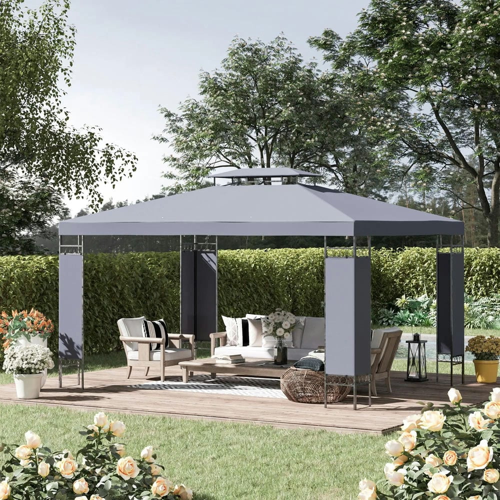 GVN Patio Garden Pergola, Pergola Canopy,10' x 13' Double Roof Outdoor Gazebo Canopy Shelter with Screen Decorate Corner Frame, Gray