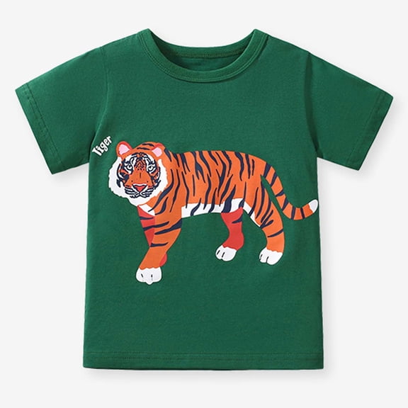 FINALGANG Boys Crew Neck Short Sleeve TShirt With Tiger Graphic Print Casual Loose Fit For Kids Daily Wear Playtime Summer Outdoor Activities lightweight Top