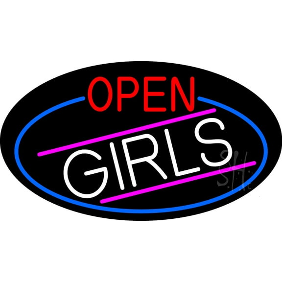 Open Girls Oval With Blue Border LED Neon Sign 20 x 37 - inches, Clear Edge Cut Acrylic Backing, with Dimmer - Bright and Premium built indoor LED Neon Sign for Bar decor.