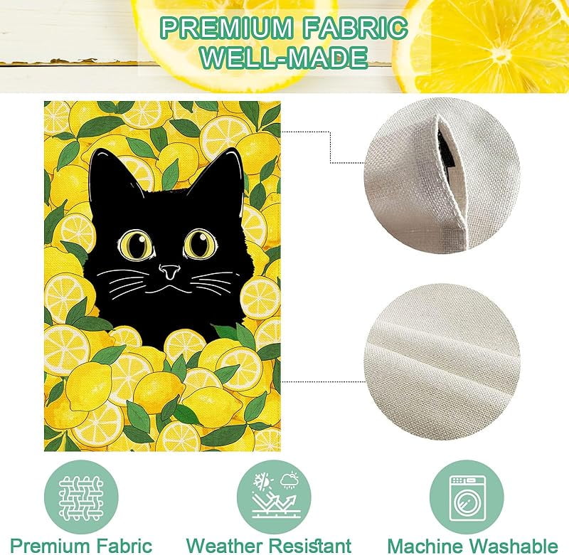 Summer Funny Black Cat Garden Flag Double Sided Summer Lemon Fruit Welcome Small Yard Flag Burlap Seasonal Farmhouse Outside Outdoor Decoration