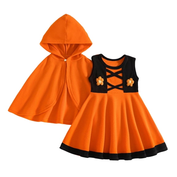 Kogui Two-Piece Halloween Outfit Sleeveless Sundress With Matching Cloak For Infant Girls (Orange, 4-5 Years)