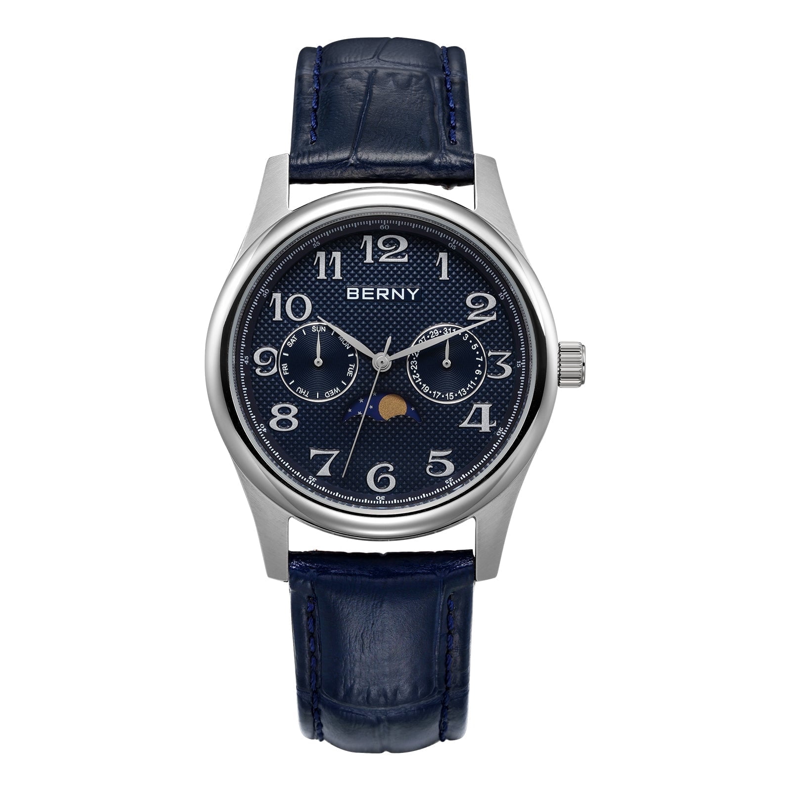 BERNY Dress Watches for Men, MultiFunction Leather Watch with Moon Phase, Day & Date Calendar, Stainless Steel Case, Easy to Read, Waterproof, Classic Analog Quartz Wrist Watch (Blue)