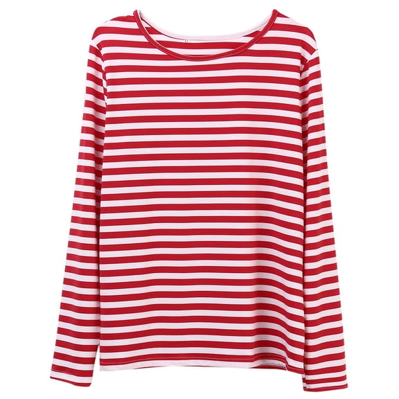 LMLYSoH Women Red White Striped Casual Tops Long Sleeve Round Neck Loose Shirt Fashion T-Shirt