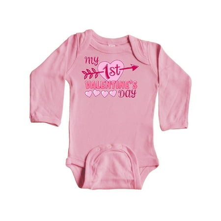 

Inktastic My First Valentine s Day with Pink Heart and Arrow Gift Baby Boy or Baby Girl Long Sleeve Bodysuit