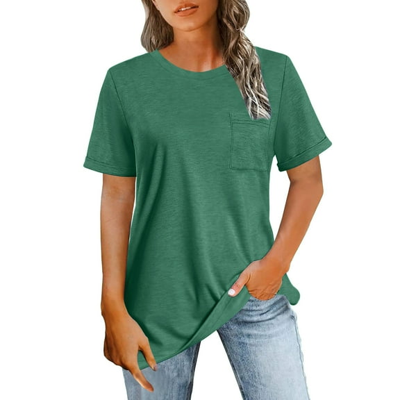 Womens Solid Short Sleeve Tops Crew Neck T-Shirt With Pocket Blouses Loose Classic T Shirts Going Out Tees Summer 2025