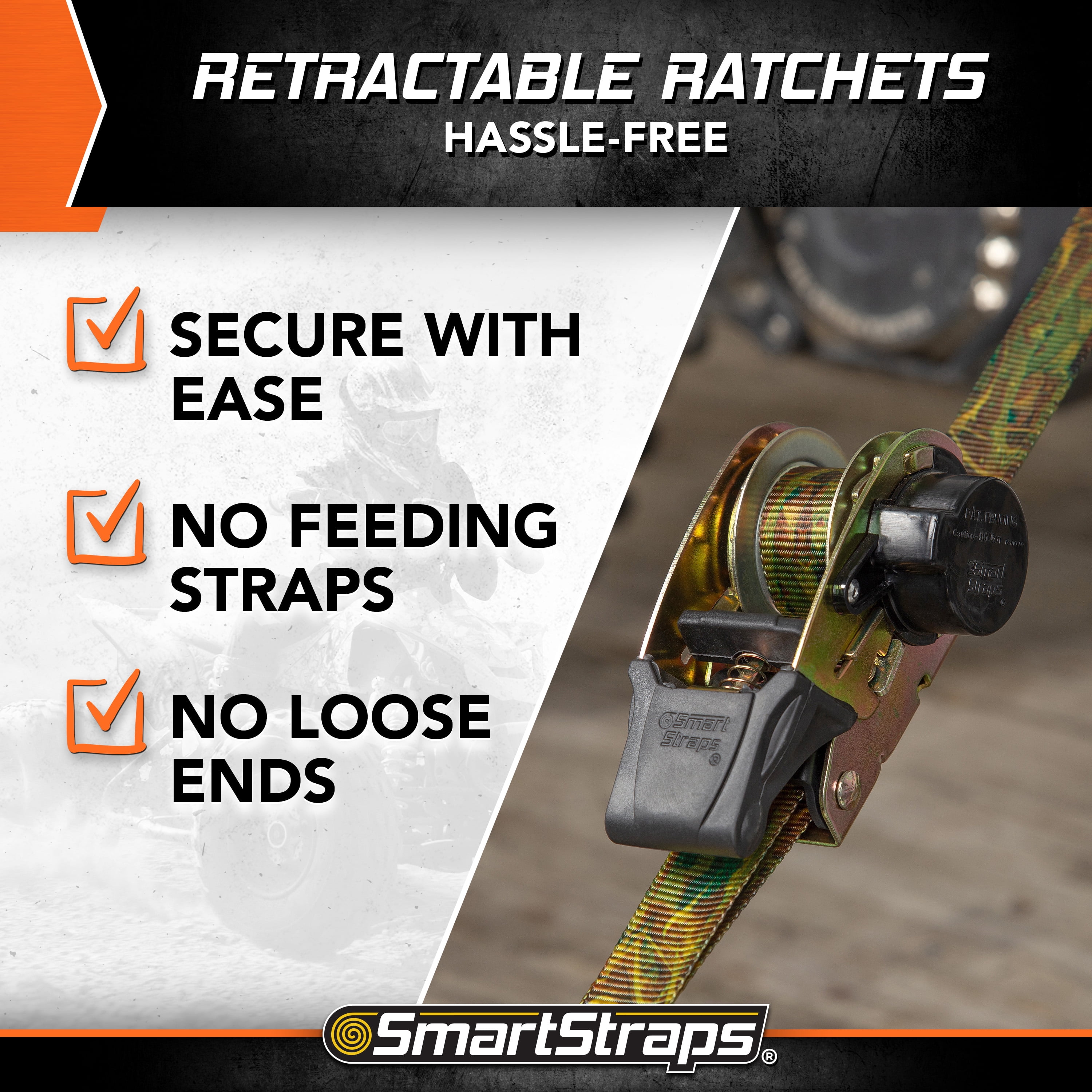 SmartStraps 1.5" x 10ft Retractable Ratchet Tie Down Straps, Camo, 2 Pack - 1,000lb SWL
