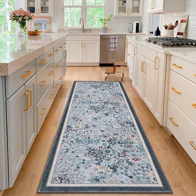 9'x 12' Runner Rug for Hallways Kitchen Non Slip Washable Rugs with Rubber Backing Soft Floral Carpet Runner for Hallways, Kitchen, Laundry, Bedroom, Bathroom-Gary BLue