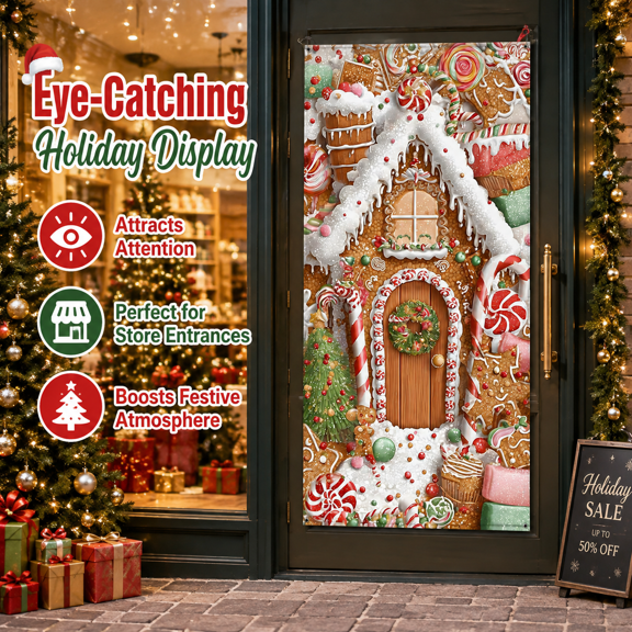 Christmas Gingerbread House Door Cover, Festive Door Curtain for Christmas Day, Creative Door And Wall Decoration, Perfect for Festival Party Decor To Welcome Guests With Holiday Cheer, 1pcs