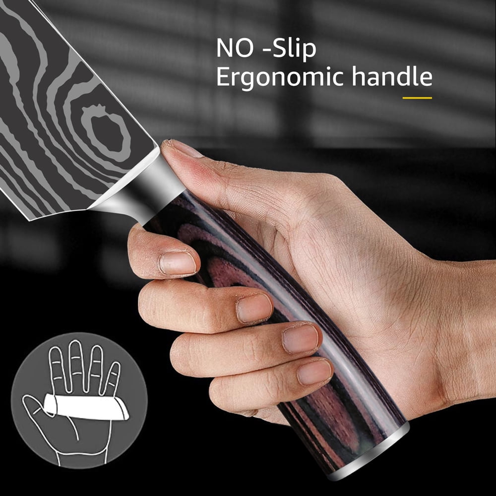 Japanese Chef Knife Set 5-Piece, Laser Damascus Pattern, High Carbon Stainless Steel Kitchen Knives with Pakkawood Handle, Sharp Cooking Knives for Meat and Vegetable Slicing