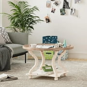 COZAYH Rustic Round Wood Coffee Table with Storage and Tray, White