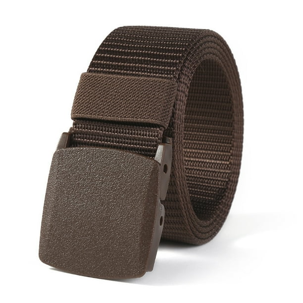 Xiao Hua Cinturón de lona para hombre, hebilla de plástico sin metal, apto para trabajo y deporte, marrón, 1 pieza