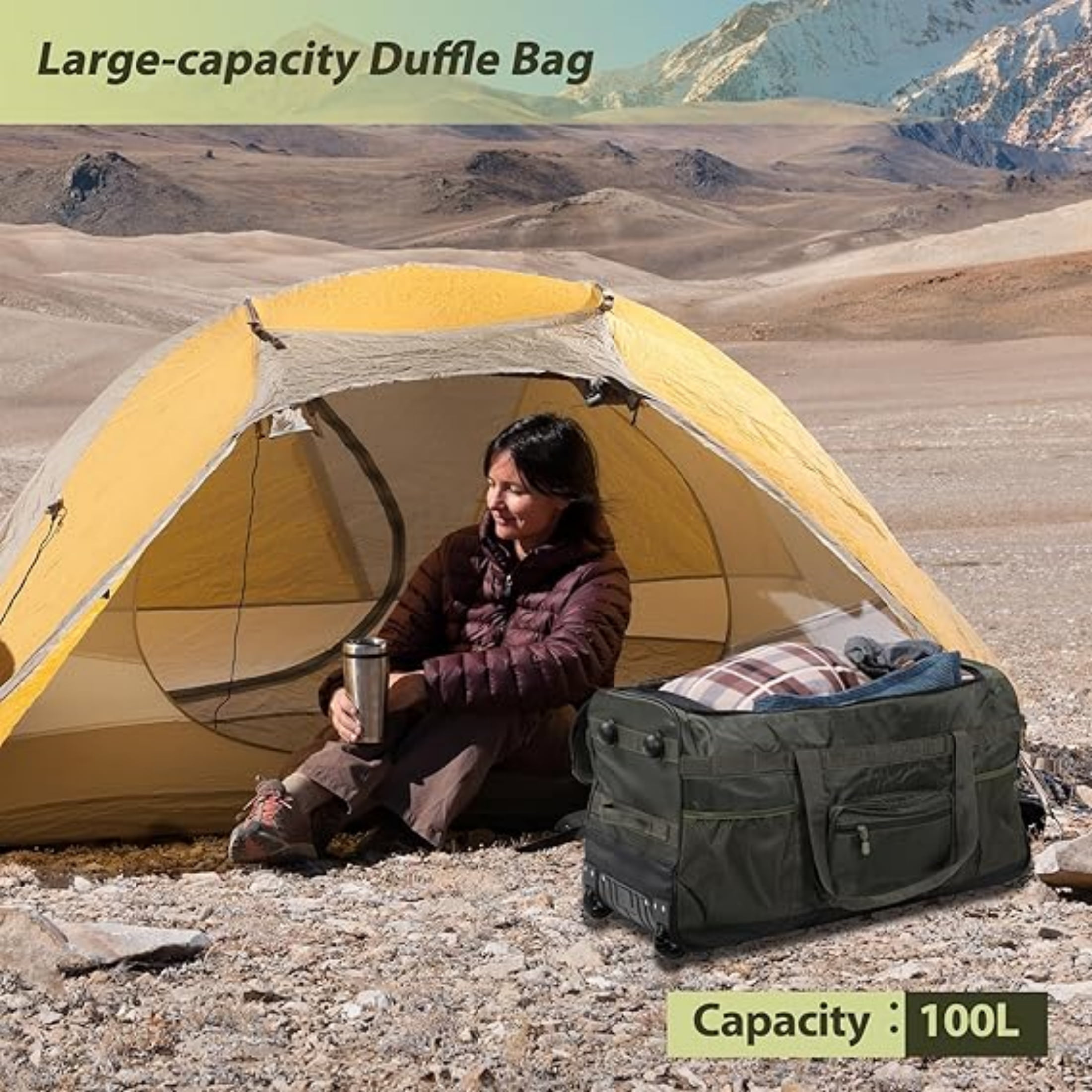 REDCAMP 100L Foldable Rolling Duffle Bag with Wheels, Extra Large Travel Luggage Collapsible Duffel Bag, Military Green
