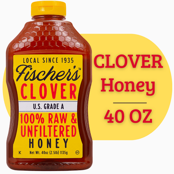 Fischers Honey 40oz Clover Honey, Local Honey, Raw and Unfiltered, Squeeze Bottle