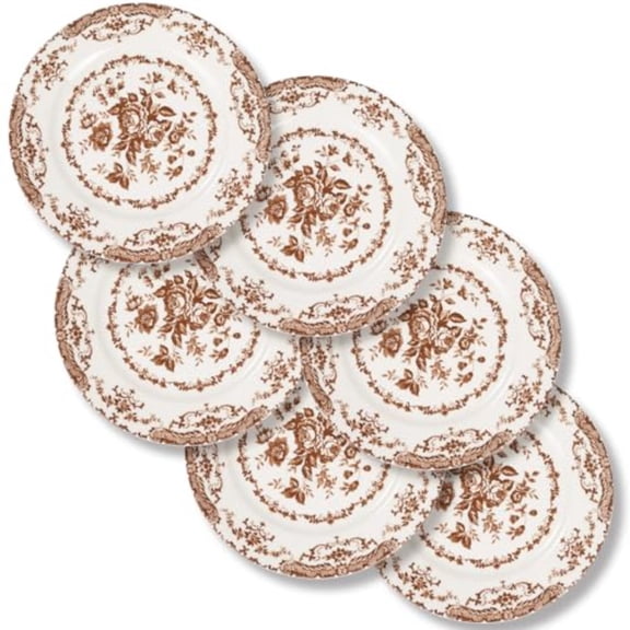 Dinner Plates Set of 6 Ceramic Kitchen Plates Microwave Safe Plates 10.5 Inch Porcelain Dinner Plates Floral Brown
