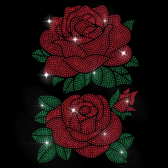 Roses Rhinestone Iron on Hotfix Transfer Decal Red Flower Leaves Bling DIY Patch Repair Crystal Hot Fix Applique for T-Shirt Jacket Bag Jeans Craft Clothing Accessory