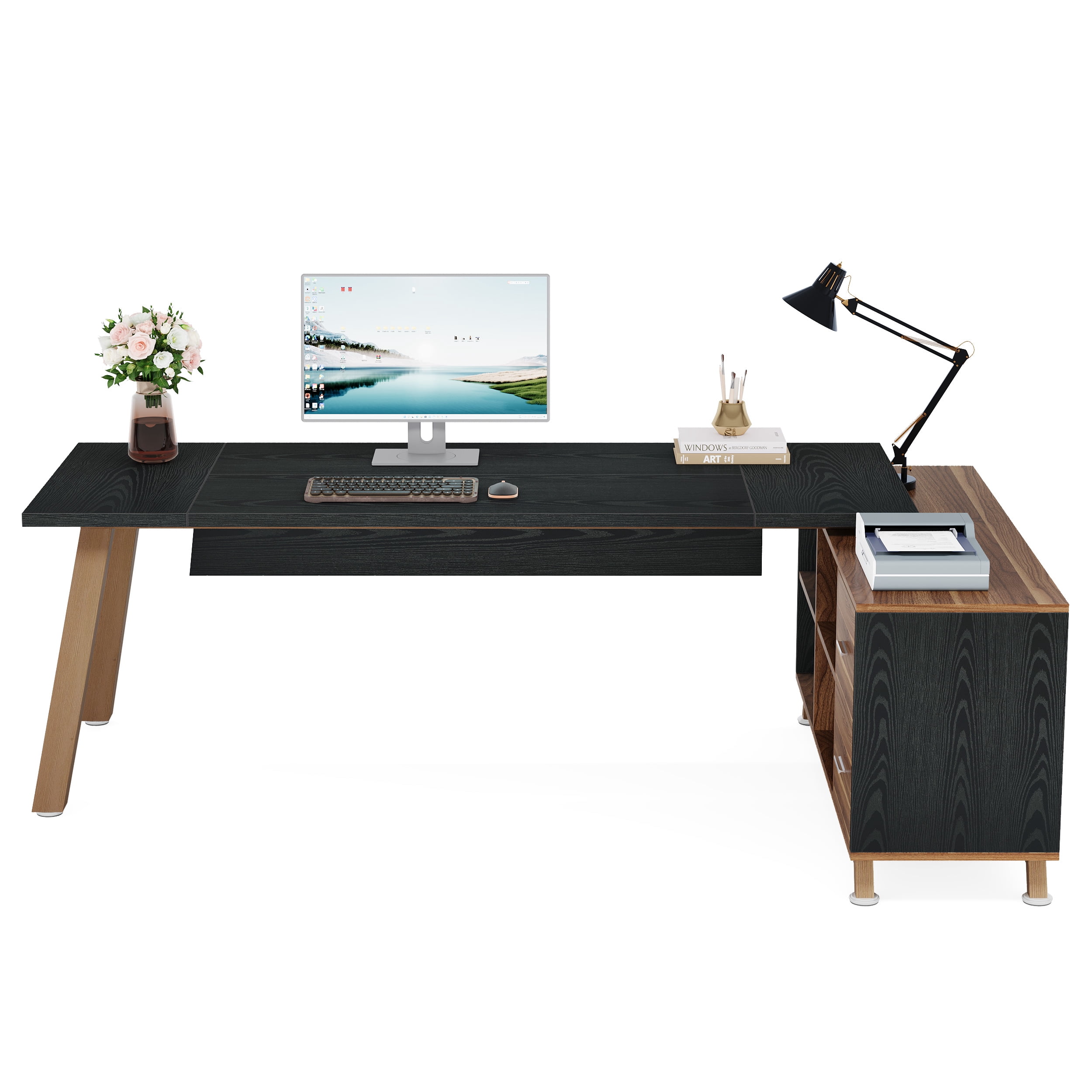 Fnova 78" L-Shaped Executive Desk with Drawers and Open Storage, Modern Large Corner Computer Desk Writing Desk for Home Office