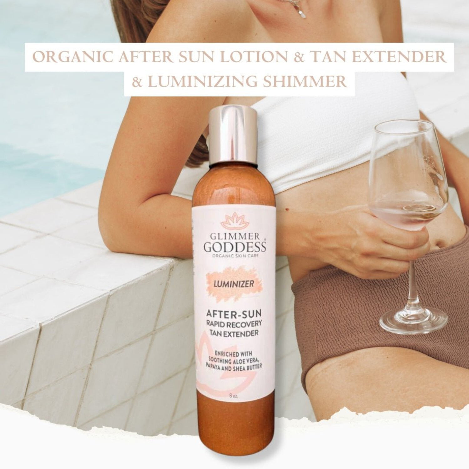 Glimmer Goddess Organic After Sun Shimmer Lotion - Enriched with Aloe Vera, Pineapple, Shea Butter and Papaya