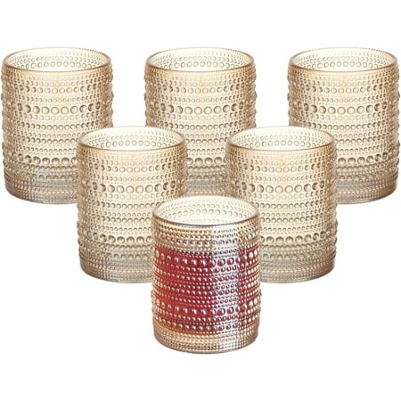 Amber Hobnail Beaded Drinking Glasses Set of 6 12 oz Vintage Glassware Set Romantic Water Glasses Tumbler Water Cups Clear Embossed Glassware Set for Beer Juice Cocktail Soda Beverages