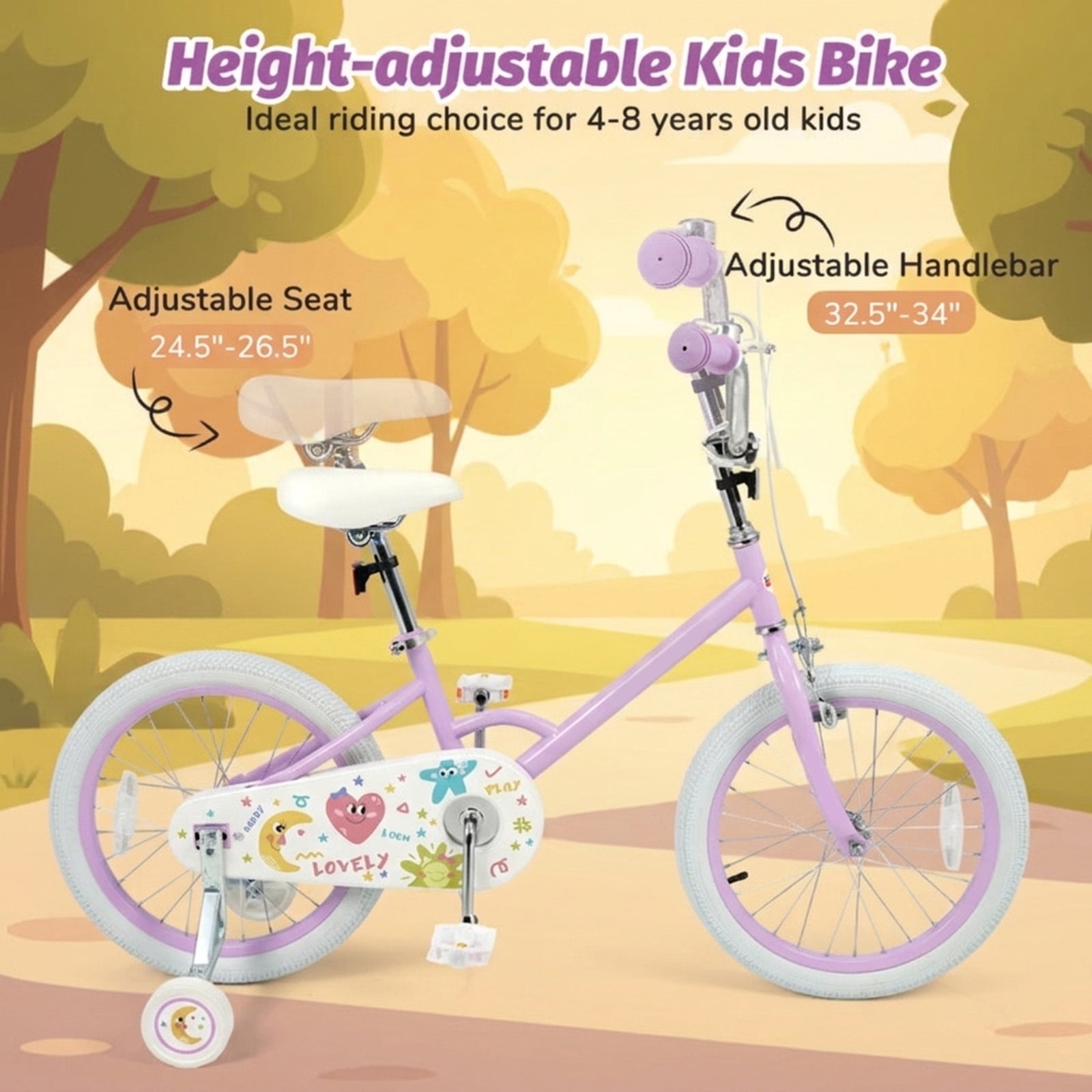 Redsmile Kids Bike 12 Inch with Adjustable Seat and Training Wheels for Boys Girls Ages 3-8, Stars & Moon Design Children Bicycle with Front Handbrake, Kids Bicycle 12in, Purple