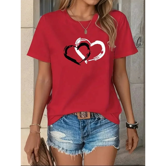 Free Shipping Women's Short Sleeve Crew Neck T-Shirt Valentine's Day Love Heart Pattern Polyester Fiber Regular Sleeve Length