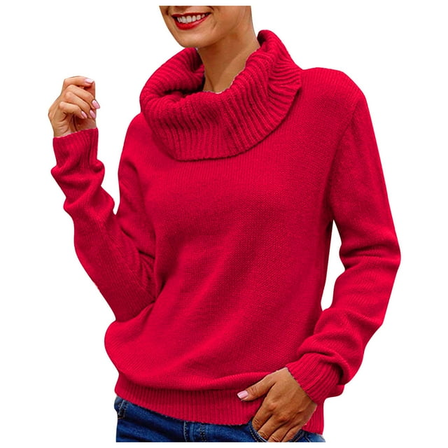 Duoif Chandails pour Femmes Chandail Tendance Blouse Femme Solide Long Haut Tricoté Manches Col Roulé Chandail Jumper Blouse Femme Chandails Femmes Hauts Rouge G
