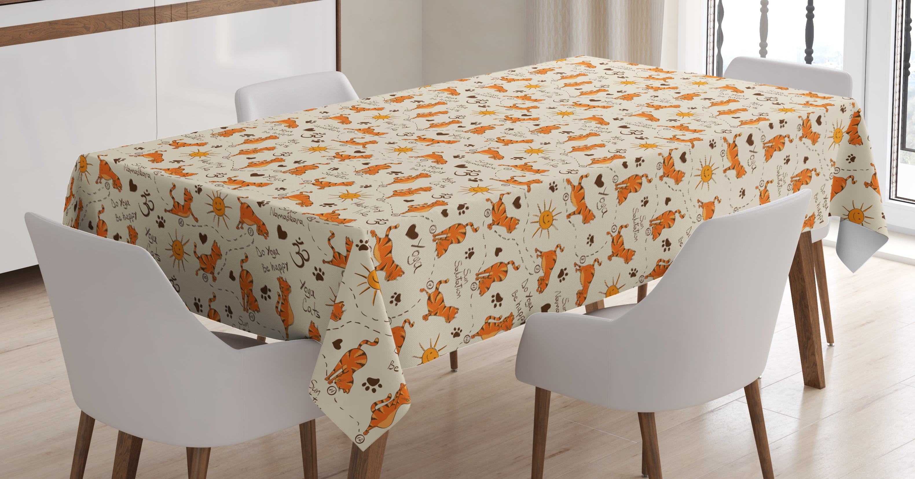 Cat Tablecloth, Do Yoga Be Happy Theme Orange Cats in Positions Smiling