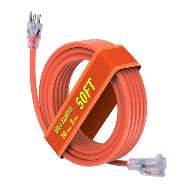 Ultra Explorer Cordon d'Extension Extérieur Robuste de Calibre 10, 50 Pi, Câble d'Extension Extérieur Imperméable avec Éclairage, Applia à 3 Broches
