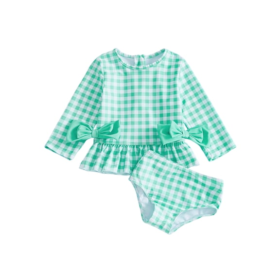 BemeyourBBs Toddler Baby Girl 2 Piece Plaid Swimsuit Infant Girls Bathing Suit Long Sleeve Rash Guard Plaid Long Sleeve Front Bow Back Zipper Tops and Shorts Set Summer Pool Beachwear